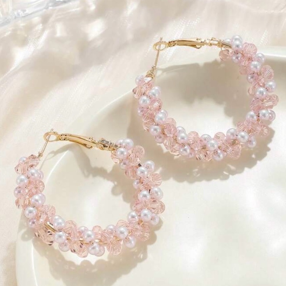 Gold Hoop Earrings with Pink Beads and Pearls